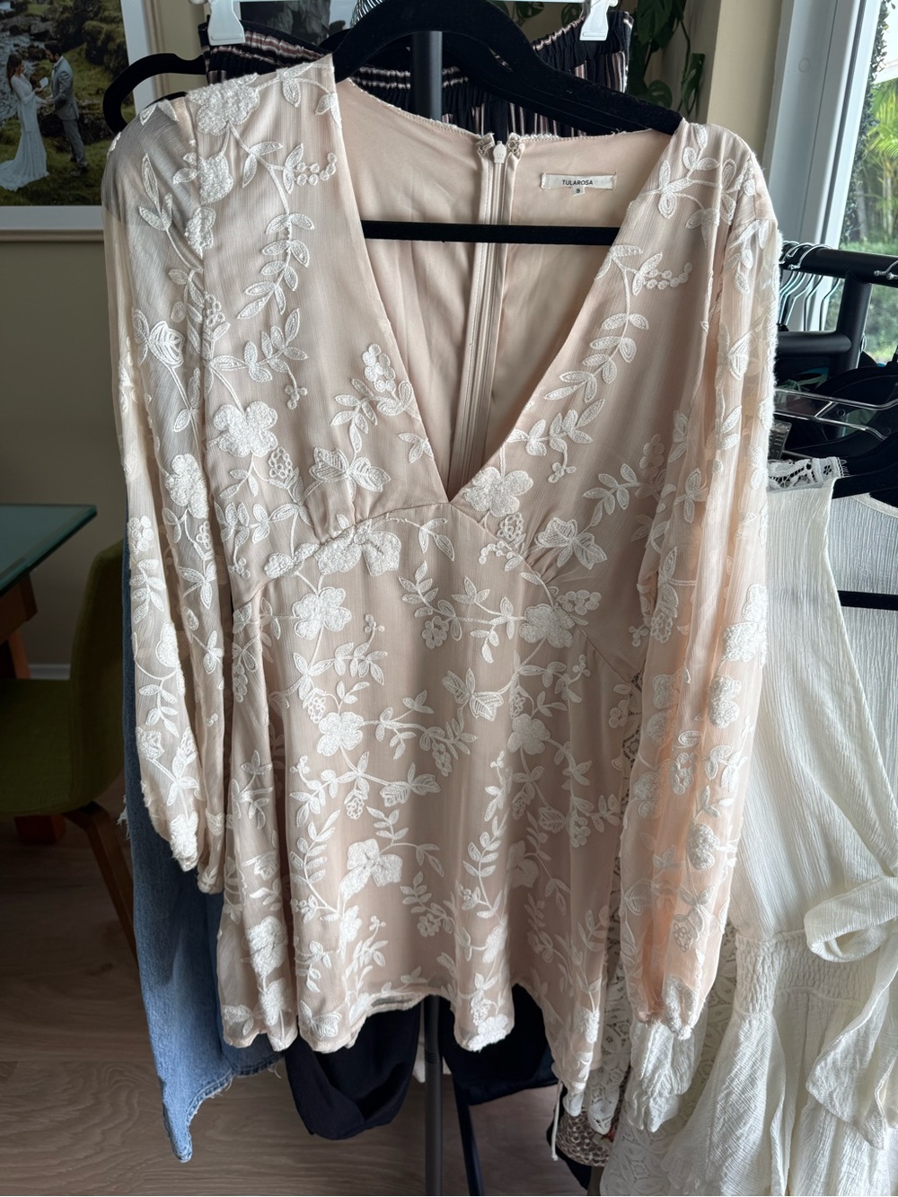 Tularosa Blush V-Neck Embroidered Long-Sleeve Dress